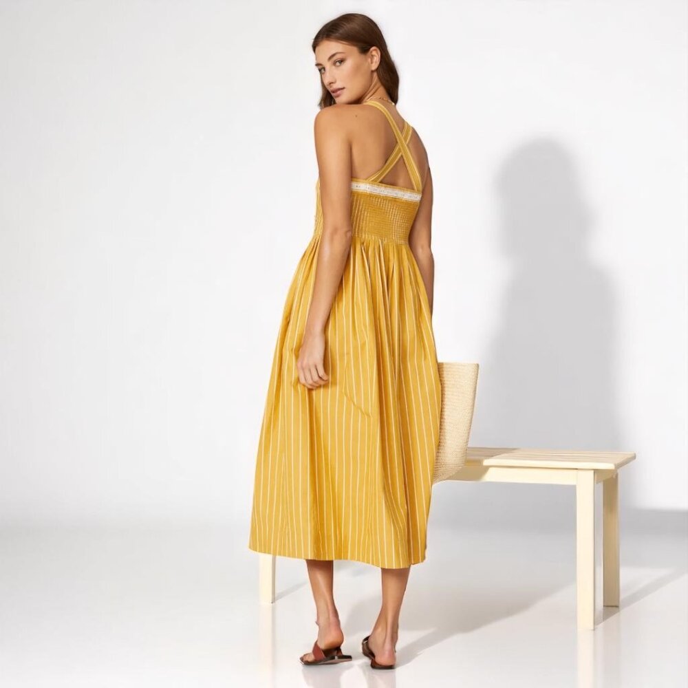 THE GREAT. Mustard Yellow Striped Smocked-Back Midi Dress
